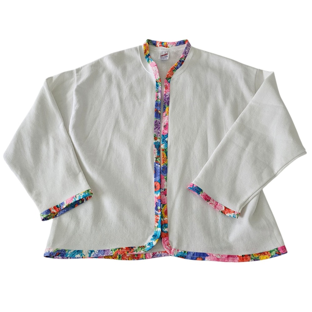 Vintage Jerzees Cardigan Sweatshirt White Size XL Piping Custom Granny Core‎ USA